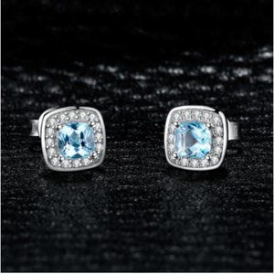 Blue Topaz Halo Sterling Silver Earrings NEW
